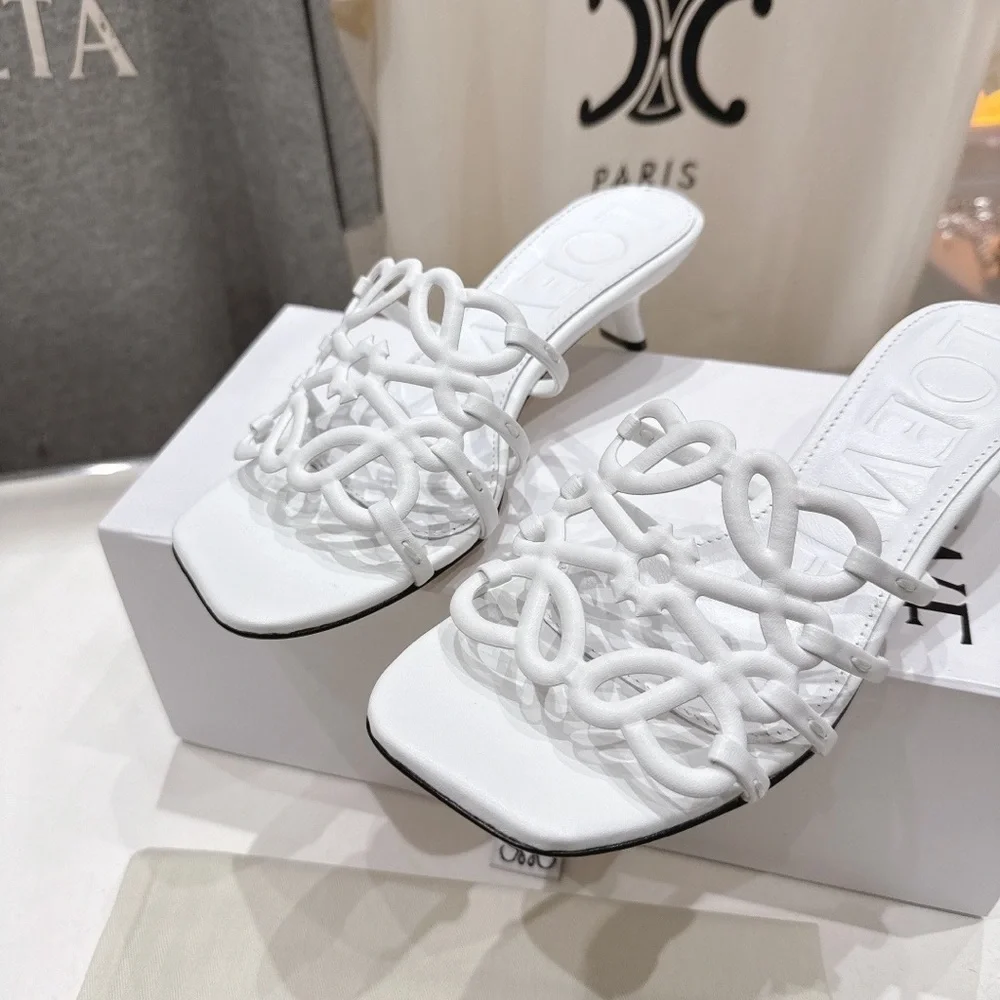 Loewe White Leather Knotted Heeled Slide Sandals - Picture 5 of 5